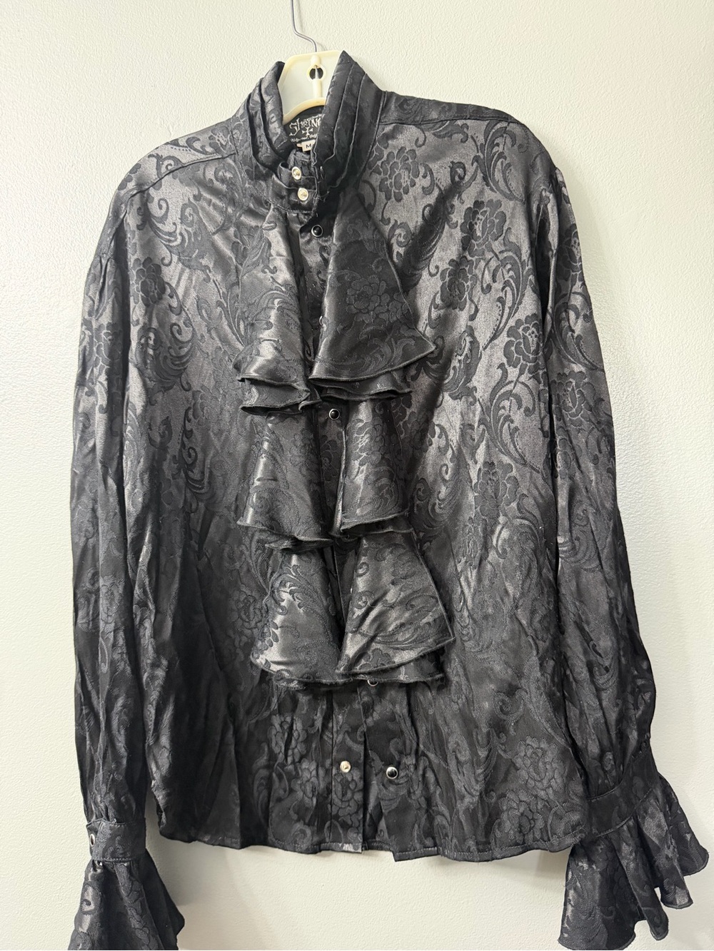 Shrine Hollywood California men’s vintage Black Jacquard Ruffle Front Blouse